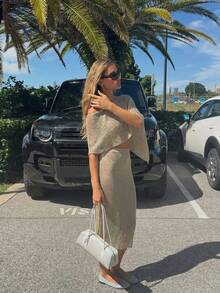 Women's Minimalist Elegant Knit Two Pieces Set, Casual Chic Style, Spring/Summer - Khaki - View 5