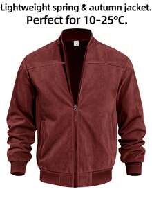 1pc Men's Solid Color Lightweight Suede Fleece Flight Jacket, Full Zip Stand Collar Casual Outerwear, Retro Faux Leather Jacket, Autumn/Winter/Spring Men's Jacket - Burgundy - View 2
