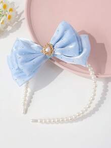 1 pieza Diadema para niñas de malla azul claro, con lazo y corazón de aleación con perlas, estilo fresco y dulce - Celeste - Ver 2