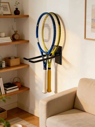 Giá treo vợt tennis gắn tường chịu lực cao, kiểu dáng thanh đôi bằng kim loại có móc, chống trượt, thích hợp cho tennis, cầu lông, squash, dễ lắp đặt, màu đen, phù hợp cho gara, phòng tập tại nhà, lối vào, nhà kho, v.v.