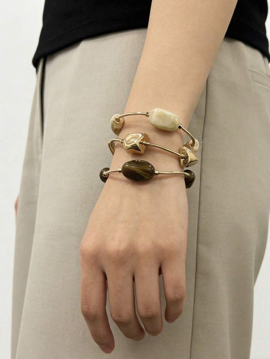 3件套复古粗链金/银/珍珠手链套装，欧美风格，适合女士海滩、约会、时尚拍摄、节日装饰，精美饰品礼品 - 多色極簡主義手環套裝 - 查看 1