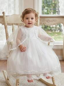 Đầm dự tiệc cưới màu trắng cho bé gái, kèm khăn choàng, đầm dài thanh lịch thêu ren cho lễ rửa tội. - trắng - Xem 9