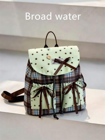 2026 Nueva mochila versátil y ligera con estampado de lunares de moda para mujeres, con decoración de lazo, estampado de cuadros, bloqueo de color, mochila con solapa, bolso de estudiante para niña, bolso bandolera pequeño