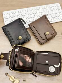 1 pieza Billetera personalizada grabada para hombres, billetera de piel sintética marrón de moda con hebilla, ranuras para tarjetas con cremallera y monedero, accesorio duradero y elegante, regalo ideal para el Día del Padre y ocasiones especiales - Multicolor - Ver 7