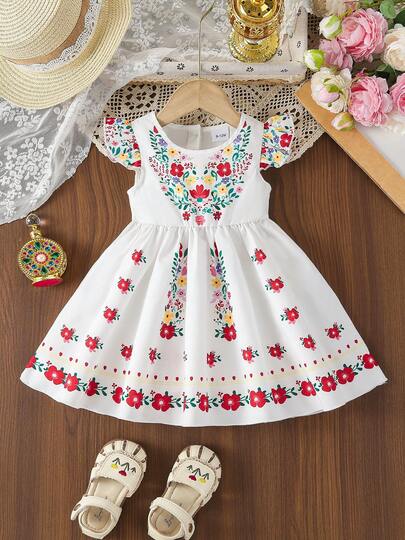 Summer Baby Girls' French Elegant Ditsy Floral Print Round Neck Flutter Sleeve Half-Placket Button Thin Dress