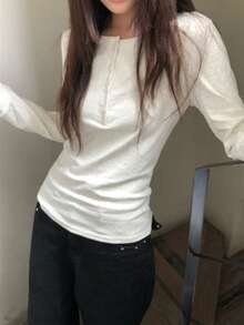 修身圆领纽扣长袖休闲T恤，女士纯色打底衫，春季款 - 灰色 - 查看 8