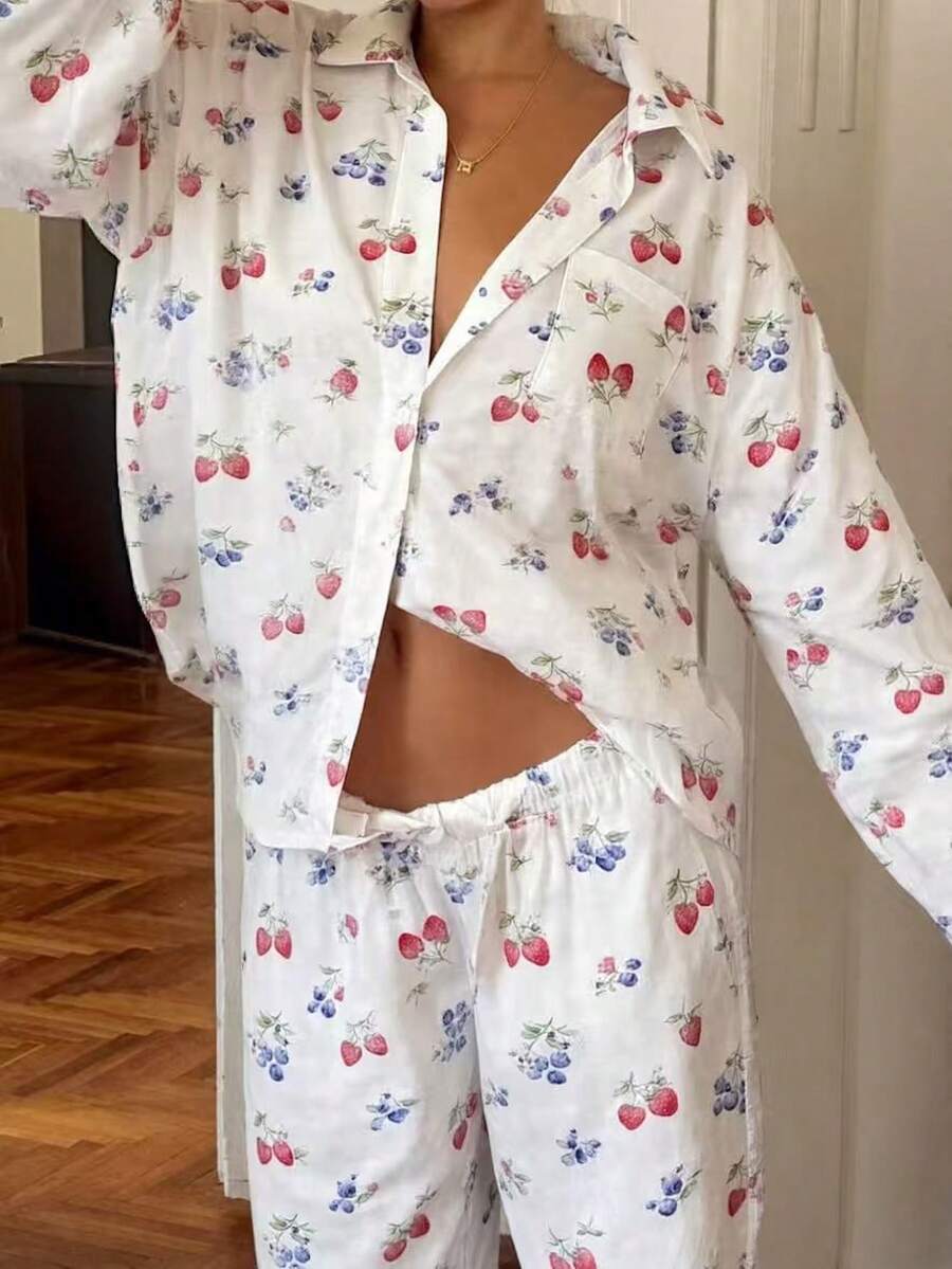 Nina Bonheur 2pcs Women Lapel Long Sleeve Top + Elastic Waist Pants Pajama Set