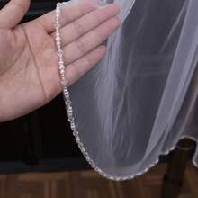 1pc Handmade Crystal & Pearl Bridal Veil With Hair Comb, Beaded Wedding Veil Accessory,Summer,Beach - Milky White - View 4
