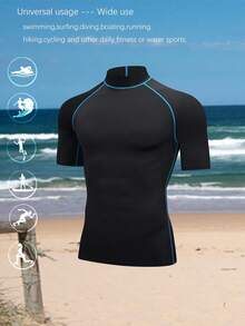Men's High Elasticity Quick-Dry Durable Smooth Skin-Friendly Short Sleeve Swimsuit, Compression Shirt Surfing Wear, Swimsuit Top Sports - Black - View 6