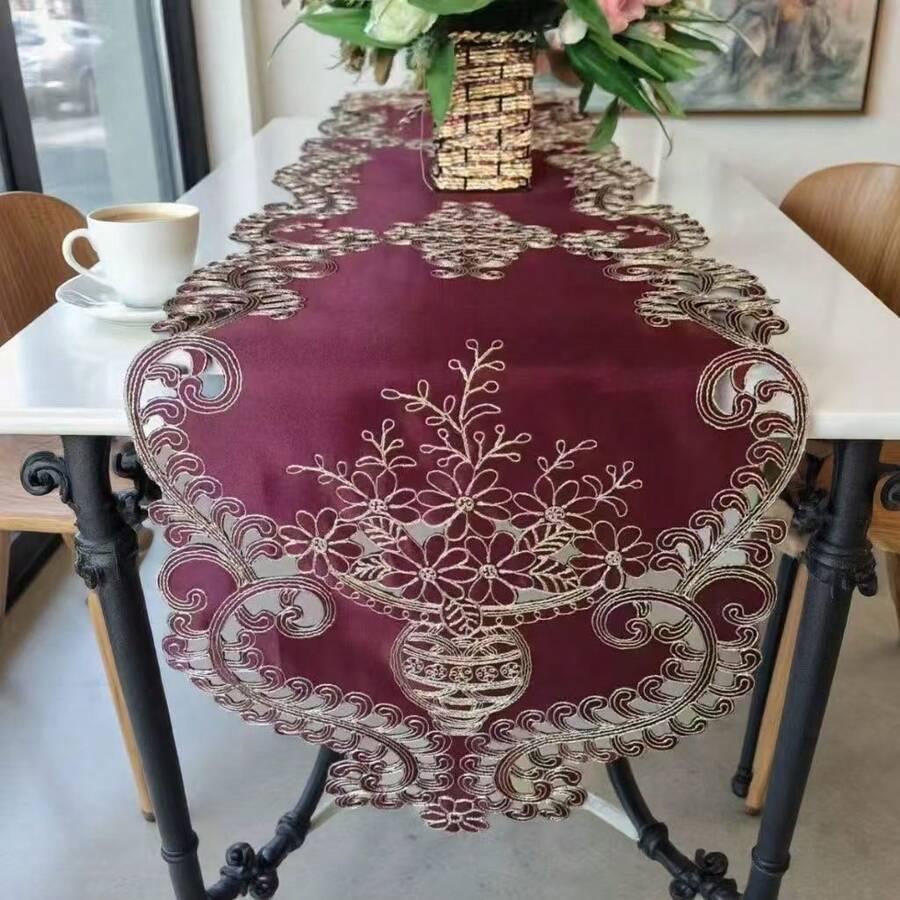 Toalha de Mesa Bordada 3D com Cesta Floral Bordô, Passadeira de Mesa para Reuniões Domésticas, Mesa de Jantar, Mesa de Centro, Gabinete de TV, Sapateira, Cômoda, Disponível em Vários Tamanhos - Vinho - Visão 1