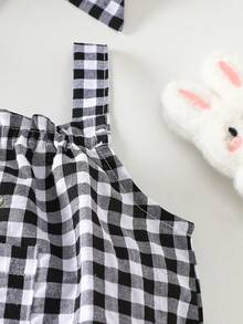 女宝宝夏季黑白格子连体衣，饰有雏菊刺绣，时尚女宝宝吊带衫，适合100天宝宝照拍摄，附赠发带 - 黑與白 - 查看 6