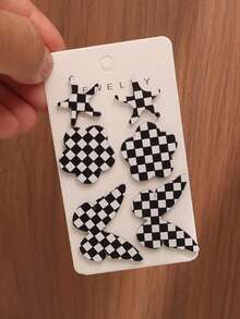 6件套时尚黑白格纹海星、蝴蝶结、花朵、三叶草、水滴造型耳环，适合日常佩戴 - 彩色 - 查看 9