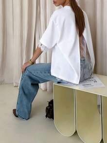 2026 New Lace Patchwork Women's Fashionable Elegant Commuter Top T-Shirt, Lace Patchwork Open Back Design Casual White Summer - White - View 4