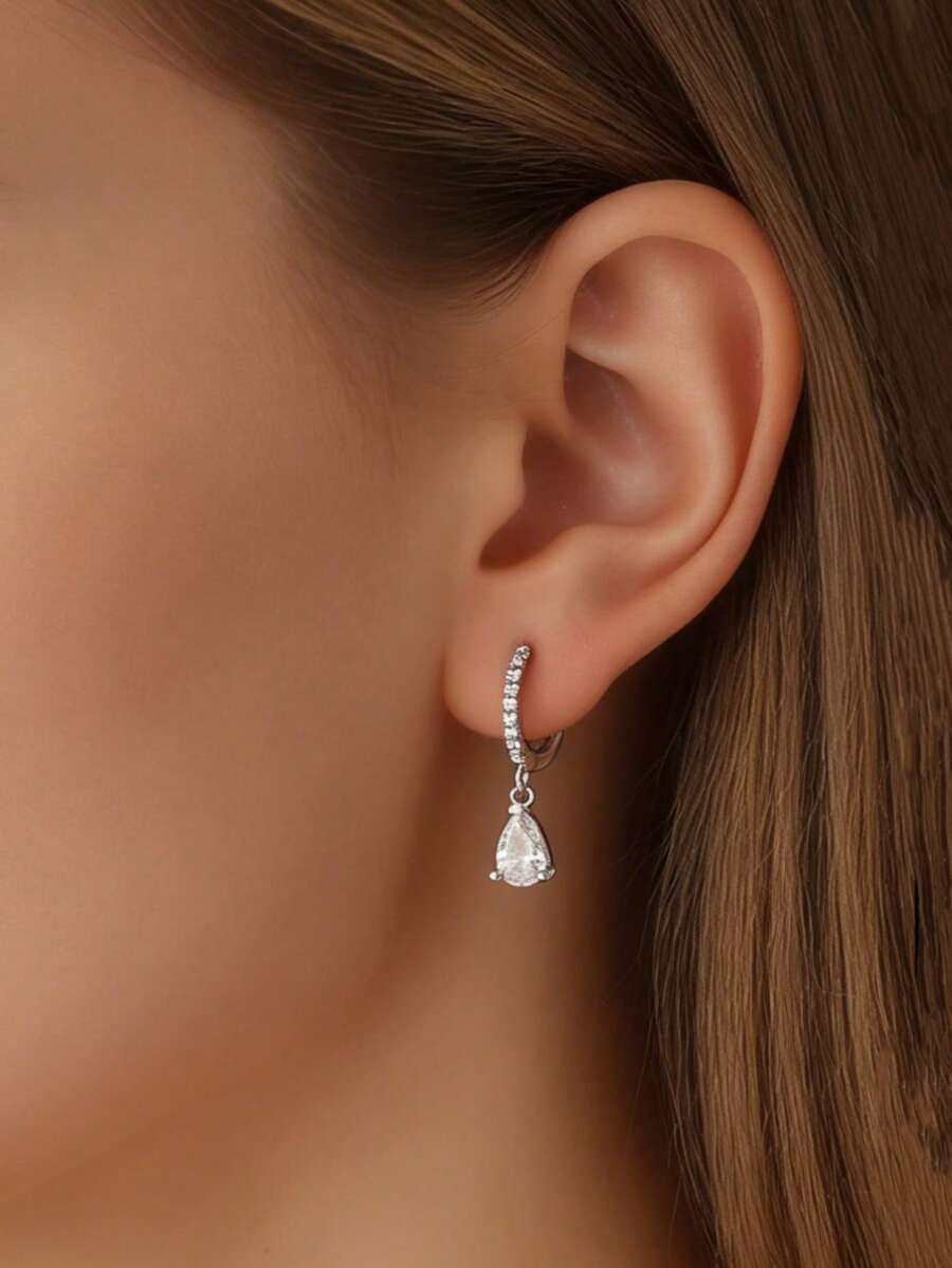 一对优雅时尚简约精致的925银锆石水滴双环耳环，适合女性日常、约会、派对、婚礼等场合佩戴。 - 銀色 - 查看 1