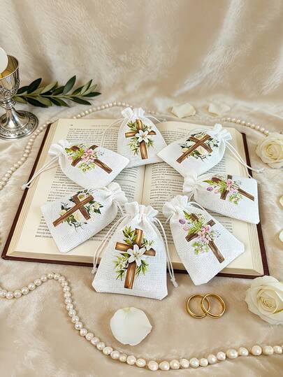 Túi quà tặng bằng satin có dây rút, túi quà tặng tôn giáo hình thánh giá, túi đựng kẹo, trang sức cho lễ rửa tội, Giáng sinh, Lễ Giáng sinh, Lễ Rước lễ lần đầu, quà tặng tiệc tùng, túi đựng thánh giá hình thánh giá, túi quà màu trắng mùa cưới, túi đựng trang sức có dây rút.