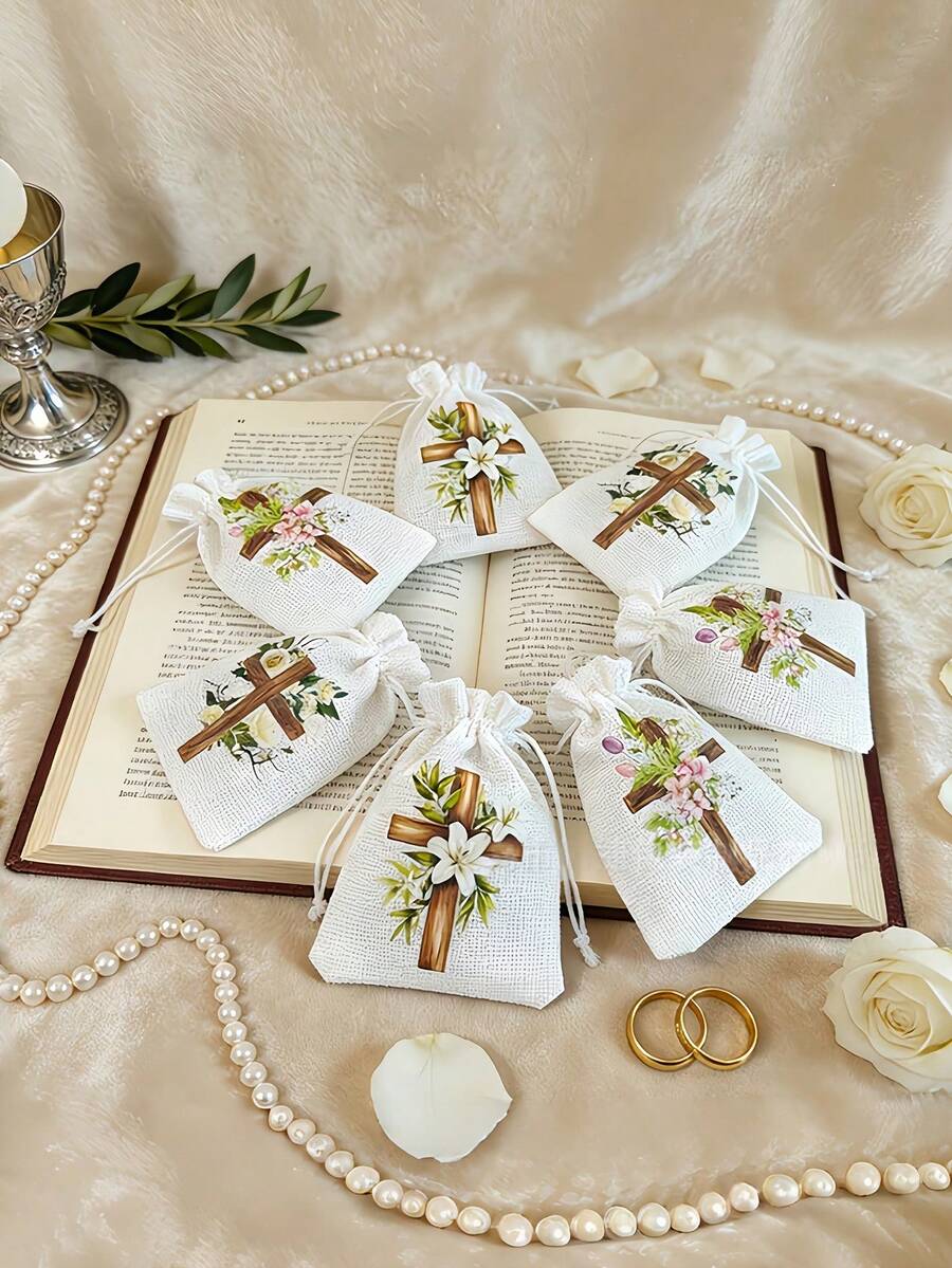 Satin Drawstring Gift Bags, Suitable For Baptism, Christmas, Communion Party Gifts, Communion Cross Bags, Wedding Season White Gift Bags, Jewelry Drawstring Pouches - Multicolor - View 1