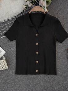 T-shirt tricoté à manches courtes raglan col polo à la mode pour femmes, nouveau cardigan léger et décontracté pour le printemps/été, noir - Noir - Voir 6