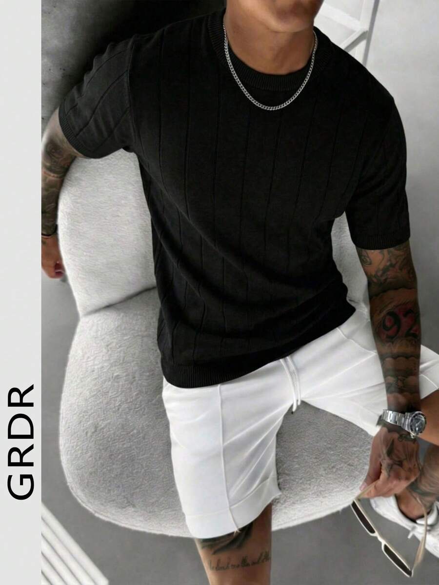 GRDR Men's Summer Knit Solid Ribbed Short Sleeve Sweater, Sporty Casual, Suitable For Outdoor Activities