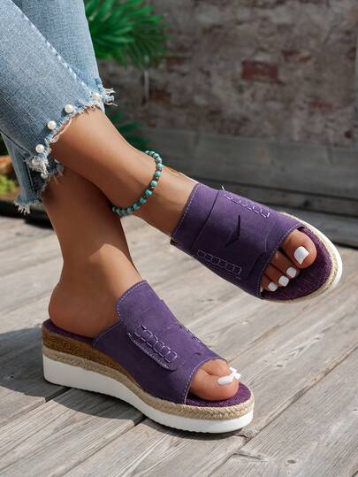 Purple Wedge Slippers, Summer Thick Bottom Vacation Shoes, Bohemian Retro Purple Suede Linen Thick Bottom Sandals