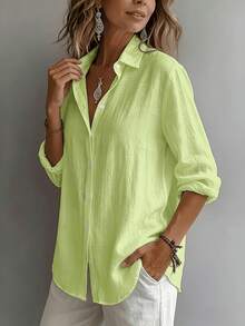Women's Elegant Resort Style V-Neck Top, Loose And Relaxed Linen Blend Shirt, Suitable For Commuting, Casual, And Artistic Styles, Slimming And Flattering, Everyday Chic, Loose-Fitting, Draping, Breathable, Comfortable, And Relaxed Style. - 綠色 - 查看 2