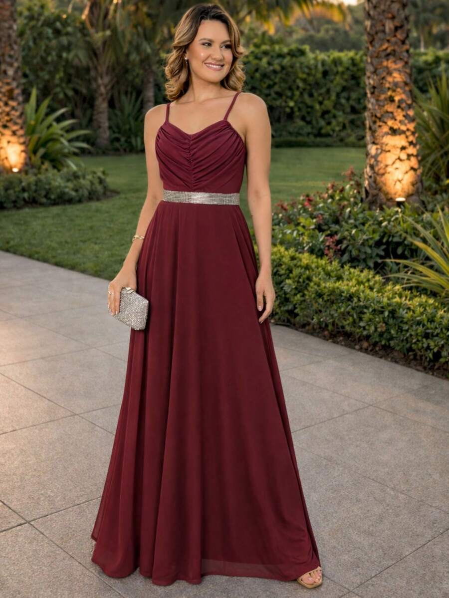 Elegant Long Dress For A Discreet Luxury Bridesmaid Party With A Shiny Rhinestone Sash - Gỗ đỏ - Xem 1