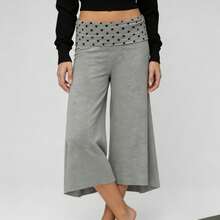 Women's Solid Fold-Over Waist Capri Pants, Casual Low Rise Wide Leg Cropped Trousers - 深灰色 - 查看 4