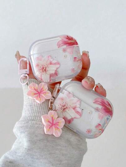 Lily Flower Painted Transparent Bluetooth Earphone Case, Suitable For Painted Transparent Fashion Bluetooth Earphone Case, Applicable To S4 Protective Case, Apple Wireless Bluetooth Earphone Shell, Glossy Pro2 Full Coverage Pods 3 1/2/3 Generation Protective Case, Pro Anti-Drop Soft Shell