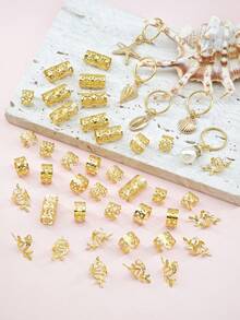 45pcs Ocean Style Hair Rings, Including Gold Starfish, Seashell, Shell And White Pearl, Multiple Shapes Summer Adjustable Hair Clips, Suitable For Braids And Twisted Hair - Gold - View 3