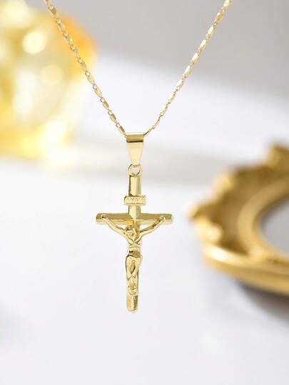 1件女士简约经典亮面十字架项链，3D耶稣吊坠饰品，男女皆宜的宗教优雅配饰，适合教堂礼拜和复活节纪念活动