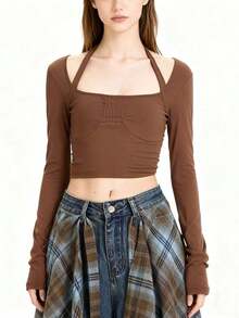 New Plaid One-Piece Waist Skirt With Decorative Drawstring, Unisex High Waist Tie-Up Versatile Skirt With Ruffle Hem Design, Suitable For Matching Family Outfits, Autumn/Winter - 橘色咖啡網格 - 查看 3