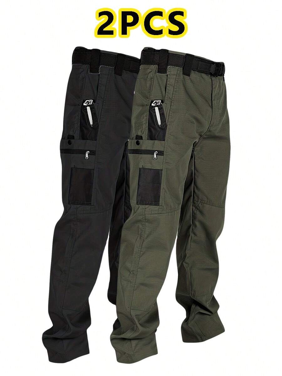 2 Pack Men's Multi-Pocket Cargo Pants Elastic Waist Utility Outdoor Hiking Work Pants - Đen + Xanh lá - Xem 1