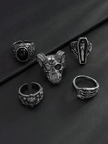 5pcs/Set Vintage Gothic Style Gemstone Mummy Ring Set, Suitable For Teenagers Daily Wear - Silver - View 3