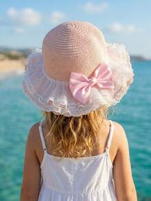 1 pieza Sombrero de paja con gran lazo rosa y volantes ondulados para niñas, sombrero de paja transpirable y ligero para protección solar en verano, playa/deportes al aire libre, apto para niños de 3 a 8 años - 1PC - Ver 7