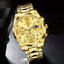 LOUIEJUELEN JUELEN 男士奢华商务石英表，金色合金表壳搭配可调节钢表带，镶钻表盘，配备三个小表盘和月相显示，日本石英机芯，夜光指针，日期显示，LED 功能，经久耐用且时尚，是通勤、聚会、毕业典礼和送礼的理想之选。 - 黑色 - 查看 7