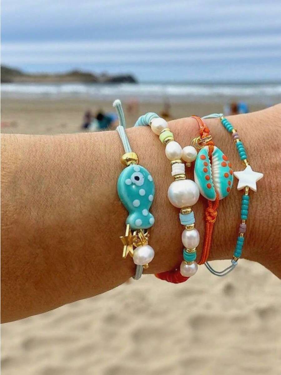 Set de 4 pulseras elásticas de cerámica con diseños de conchas y peces de estilo lindo y de dibujos animados, adecuadas para mujeres para uso diario, vacaciones y atuendos casuales - Verde Naranja - Ver 1