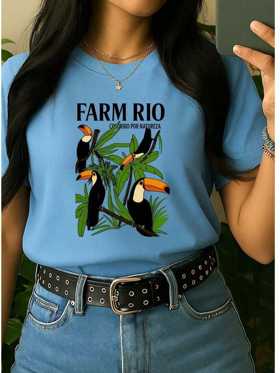 Women's Colorful By Nature Personalized T-Shirt 100% Cotton Women's Blouse Stylish Brazil 100% Cotton Stylish Promotion Brazilian Toucans - 淺藍色 - 查看 1