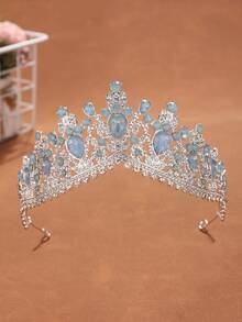 1 chiếc vương miện cô dâu sang trọng kiểu Baroque màu bạc, phụ kiện đội đầu đính đá lấp lánh cho đám cưới, tiệc tùng. - Màu xanh nhạt - Xem 3