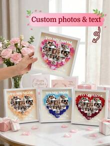 1pc Custom Photos & Text Heart Photo Collage Frame – Personalized Rose Flower Mom Photo Flower Shadow Box Frame With Custom Family Photos & Text | Heartfelt Mother'S Day Gift For Moms | Home Wall & Desk Decor - Multicolor - View 3