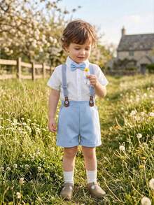 BOARNSEORL 2 piezas Conjunto de caballero para niños pequeños - Camisa de manga corta con cuello y corbata de moño, y pantalones cortos azules con tirantes, elegante y de moda para fiestas de cumpleaños, ocasiones formales, bodas y eventos festivos - Celeste - Ver 5