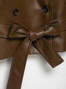 Women's Elegant Vintage Brown Patchwork Leather Waist Belt Motorcycle Jacket, Double-Breasted Lapel Casual Street Outerwear - Brown - View 11