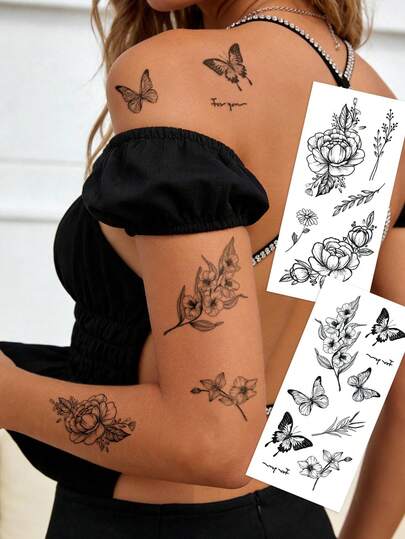 STARTTOOS Y2K Minimalist Spring Romantic Butterfly & Floral Temporary Tattoo Stickers, DIY For Anime Convention, Carnival, Music Festival, Valentine's Day, Party Gifts, Suitable For Wrist, Ankle, Shoulder, Neck, Collarbone, Waterproof & Realistic