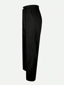 Jessfin Solid Color Zippered Pocket Suit Fabric Straight Leg Pants, Waistband-Less, Commuting Elegant Office Casual Versatile, Spring/Summer - Black - View 6