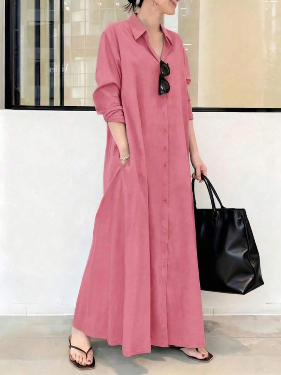 Vestido camisa largo de mujer casual de unicolor con botones delanteros para vacaciones, vestido camisa largo, negro casual, bajo acampanado con botones, manga larga, cuello, vestido camisa de manga larga minimalista con cuello vuelto, vestido suelto y relajado con botones delanteros, bajo acampanado y bolsillos, elegante rosa - Rosa - Ver 1