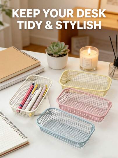 1个粉彩金属收纳篮，奶油色简约铁丝篮，适用于收纳化妆品、办公用品、返校用品、桌面装饰、教师用品、办公配件、女士桌面收纳、笔筒、家居装饰