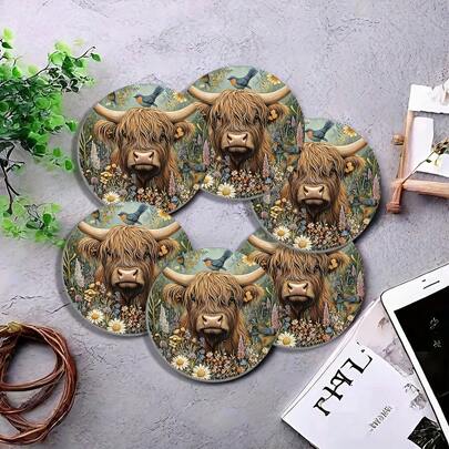 Bộ 6 đế lót ly bằng gỗ tròn in 2D hình bò cao nguyên, thích hợp cho sân hiên, nhà bếp, phòng khách, các buổi họp mặt gia đình, trang trí bàn ăn, quà tặng cho bạn bè và gia đình, lý tưởng cho Ngày Valentine, đám cưới, sinh nhật, tiệc tùng, phụ kiện trang trí nhà cửa, món quà tốt nhất cho bạn bè