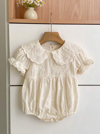 Summer New Baby Girl Lace Patchwork Short Sleeve Romper, Embroidered Princess Bodysuit