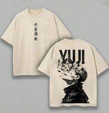Oversized Vintage Washed-Shirt Men Women Yuji Itadori Graphic Print With YUUJI Lettering & Exploding Detail Short Sleeve Anime Streetwear Casual Summer Tee, Anime Shirt, Mens Clothes, Mens Shirts, Unisex Casual Streetwear Japanese Anime-Shirts - Màu be - Xem 5