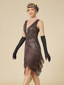 1920s Flapper Dress Long Fringe Gatsby Dress Roaring 20s Sequin Beaded Dress Wedding - Coffee Brown - View 3