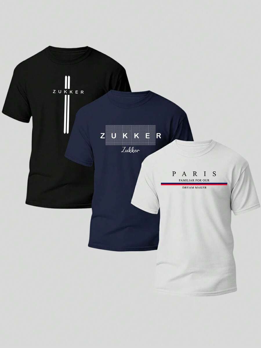 Set Of 3 Men's T-Shirts, 100% Cotton, 30.1 Thread Count, Crew Neck, Comfortable Shirt, Various Colors, Immediate Shipping - đen/xanh nước biển/trắng - Xem 1