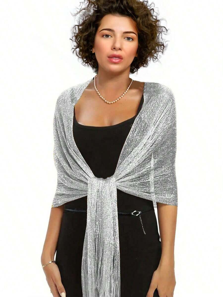 Silver Sparkling Metallic Shawl Without Round Buckle Elegant Thin Breathable Tassel Scarf Women's Party Banquet Dress Outside Shawl - 銀色 - 查看 1